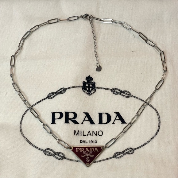 Upcycled Silver & Raspberry Triangle Logo Paper Clip Chain Necklace - Picture 3 of 3